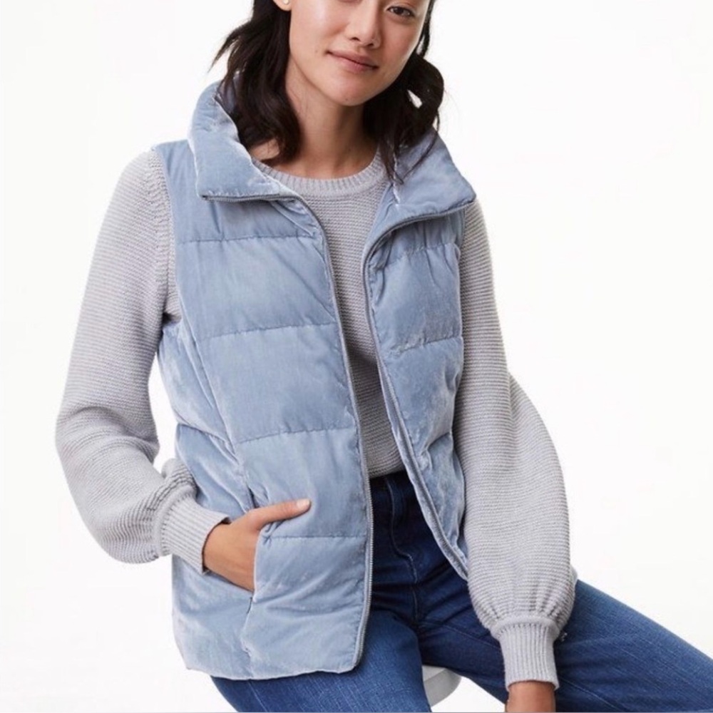 LOFT Light Blue Crushed Velvet Puffer Vest